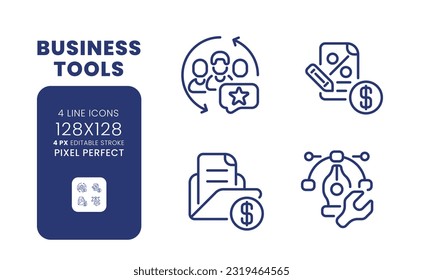 Business tools linear desktop icons set. Enhance teamwork. Process management software. Pixel perfect 128x128, outline 4px. Isolated user interface elements pack for website. Editable stroke