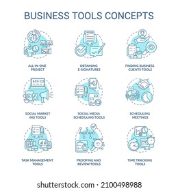 Business tools turquoise concept icons set. Time tracking idea thin line color illustrations. Proofing and review. Isolated outline drawings. Editable stroke. Roboto-Medium, Myriad Pro-Bold fonts used