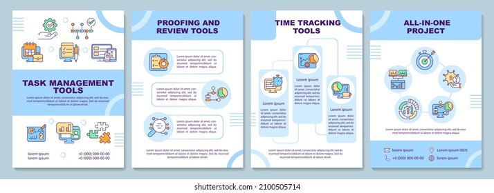 Business tools types brochure template. Management software. Booklet print design with linear icons. Vector layouts for presentation, annual reports, ads. Arial-Black, Myriad Pro-Regular fonts used