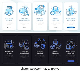 Business tools variety night and day mode onboarding mobile app screen. Walkthrough 5 steps graphic instructions pages with linear concepts. UI, UX, GUI template. Myriad Pro-Bold, Regular fonts used