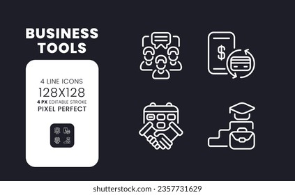 Business tools white linear desktop icons on black. Communication software. Productivity improvement. Pixel perfect 128x128, outline 4px. Isolated interface symbols pack for dark mode. Editable stroke