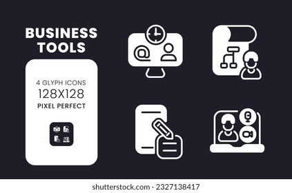 Business tools white solid desktop icons set. Productivity software. Operations management. Pixel perfect 128x128, outline 4px. Symbols for dark theme. Glyph pictograms. Vector isolated images