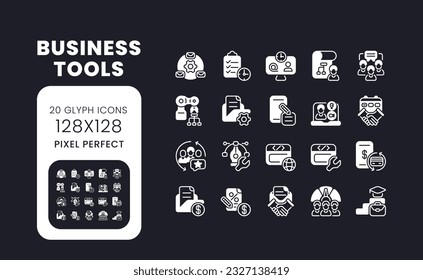 Business-Tools, weiße, solide Desktop-Symbole gesetzt. Projektmanagement-Software. Unternehmensanwendungen. Pixel perfekt 128x128, Umriss 4px. Symbole für dunkles Thema. Piktogramme in der Glyphe. Einzelbilder von Vektorgrafiken