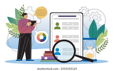 Business top management concept. Man with magnifying glass evaluates employees. Workflow optimization. Business strategy. Flat vector illustration isolated on white background