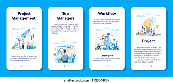 Business top management mobile application banner set. Successful strategy, motivation and leadership. Project manager, company ceo idea. Isolated vector illustration