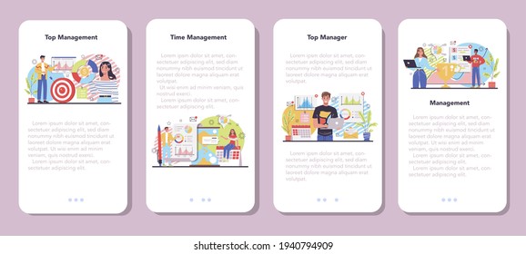 Juego de banners de aplicaciones móviles de administración superior para empresas. Estrategia exitosa