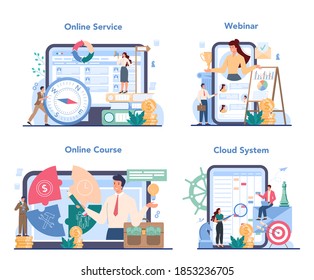 Business top management online service or platform set. Successful strategy, employee engagement and motivation. Online service, webinar, course, cloud system. Isolated vector illustration