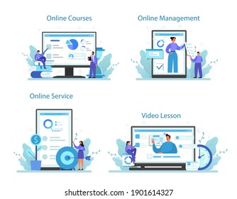 Business top management online service or platform set. Successful strategy, motivation and leadership. Project manager. Online course, management, video lesson. Isolated vector illustration