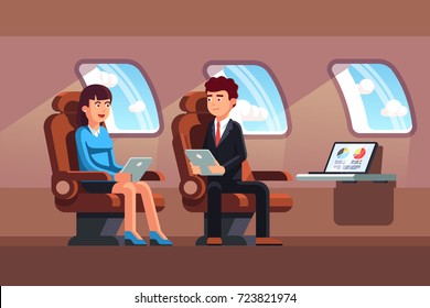 Business top managers man and woman sitting in business jet luxury salon armchair holding tablet computers. Private plane flight. Flat vector illustration.