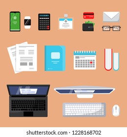 Business top view. Finance topping stuff office organization items laptop books paper workspace vector flat pictures