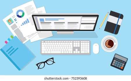 Business top view scene with computer, documents, calculator, notepad, coffee cup. Flat style vector illustration