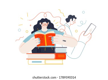 Temas de negocios: formación avanzada, educación, desarrollo de habilidades. Ilustración de concepto de vector con un diseño plano. Hombre y mujer leyendo libros. Metáfora comercial.