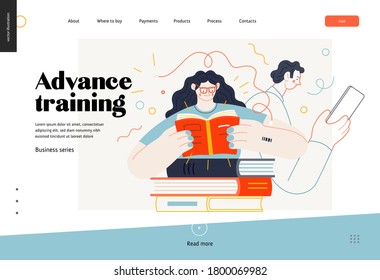 Business topics - advance training, education, skill development, web template. Flat style modern outlined vector concept illustration. Man and woman reading books. Business metaphor.