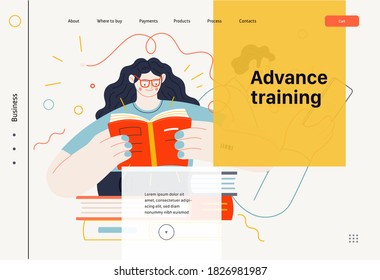 Business topics - advance training, education, skill development, web template. Flat style modern outlined vector concept illustration. Man and woman reading books. Business metaphor.