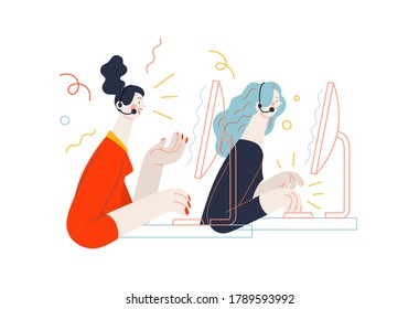 Business topics - call center. Flat style modern outlined vector concept illustration. Two young women at the computers wearing headsets talking to the clients by the phone. Business metaphor.