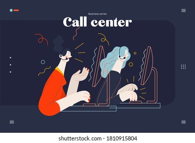 Business topics -call center, web template. Flat style modern outlined vector concept illustration. Two young women at the computers wearing headsets talking to the clients by phone. Business metaphor