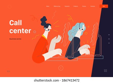 Business topics -call center, web template. Flat style modern outlined vector concept illustration. Two young women at the computers wearing headsets talking to the clients by phone. Business metaphor
