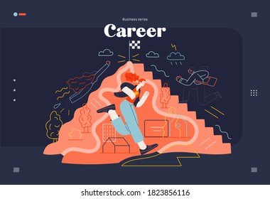 Business topics - career, web template, header. Flat style modern outlined vector concept illustration. People climbing the mountain. Climbing up the career ladder process. Business metaphor.