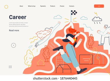 Business topics - career, web template, header. Flat style modern outlined vector concept illustration. People climbing the mountain. Climbing up the career ladder process. Business metaphor.