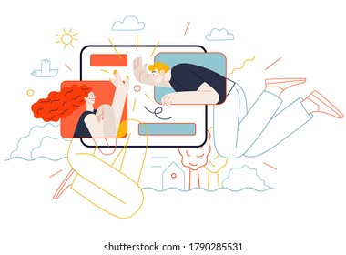 Business topics - chat. Flat style modern outlined vector concept illustration. Tablet screen with messages of chatting couple - young man and woman. Business metaphor.