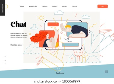 Business topics - chat, web template. Flat style modern outlined vector concept illustration. Tablet screen with messages of chatting couple - young man and woman. Business metaphor.