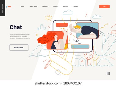 Business topics - chat, web template. Flat style modern outlined vector concept illustration. Tablet screen with messages of chatting couple - young man and woman. Business metaphor.