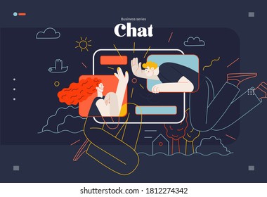 Business topics - chat, web template. Flat style modern outlined vector concept illustration. Tablet screen with messages of chatting couple - young man and woman. Business metaphor.