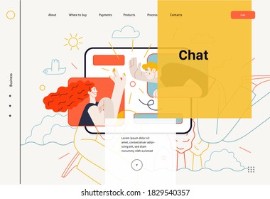 Business topics - chat, web template. Flat style modern outlined vector concept illustration. Tablet screen with messages of chatting couple - young man and woman. Business metaphor.