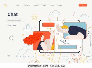 Business topics - chat, web template. Flat style modern outlined vector concept illustration. Tablet screen with messages of chatting couple - young man and woman. Business metaphor.