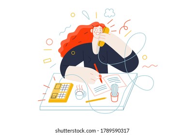 Business topics - client calls. Flat style modern outlined vector concept illustration. A red-haired woman talking to a client by the phone at the office desk. Business metaphor.