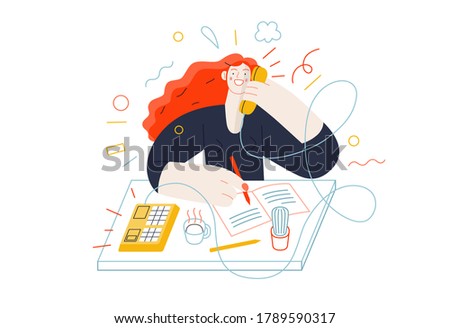 Business topics - client calls. Flat style modern outlined vector concept illustration. A red-haired woman talking to a client by the phone at the office desk. Business metaphor.