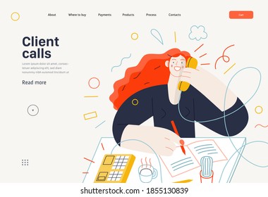 Business topics - client calls, web template. Flat style modern outlined vector concept illustration. A red-haired woman talking to a client by the phone at the office desk. Business metaphor.