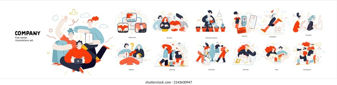 Business topics, company - modern outlined flat vector concept illustrations set, corporate Memphis style Business metaphor.