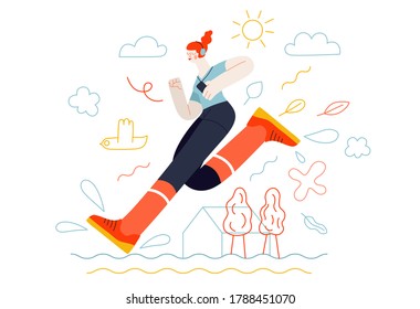 Business topics - competition. Flat style modern outlined vector concept illustration. Runner - a girl running in the park - a ginger young woman with headphones and a phone. Business metaphor.