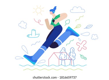 Business topics - competition. Flat style modern outlined vector concept illustration. Runner - a girl running in the park - a ginger young woman with headphones and a phone. Business metaphor.