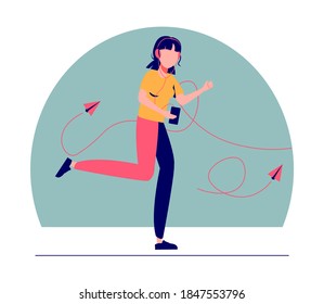 Business topics - competition. Flat style modern outlined vector concept illustration. Runner - a girl running in the park - a ginger young woman with headphones and a phone. Business metaphor.