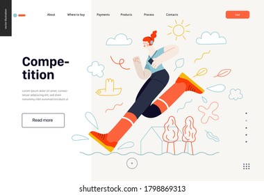 Business topics -competition, web template. Flat style modern outlined vector concept illustration. Runner -a girl running in the park -ginger young woman with headphones and phone. Business metaphor.