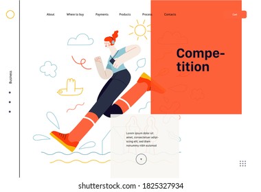 Business topics -competition, web template. Flat style modern outlined vector concept illustration. Runner -a girl running in the park -ginger young woman with headphones and phone. Business metaphor.