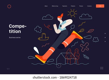 Business topics -competition, web template. Flat style modern outlined vector concept illustration. Runner -a girl running in the park -ginger young woman with headphones and phone. Business metaphor.