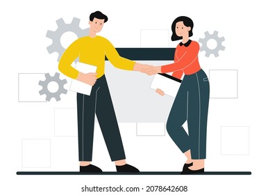 Business topics concept. Man and girl shake hands. Characters have made deal. Collaboration, union of two firms. Investor speaks to businessman, contract, people. Cartoon flat vector illustration