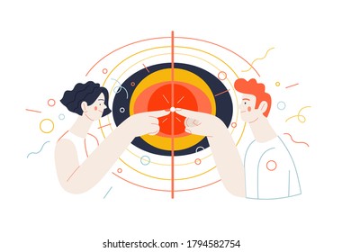 Business topics - connections. Flat style modern outlined vector concept illustration. A young man and woman touching fingers, waves from the point. Business metaphor.