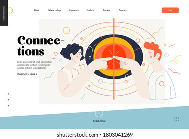 Business topics - connections, web template, header. Flat style modern outlined vector concept illustration. A young man and woman touching fingers, waves from the point. Business metaphor.