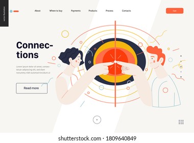 Business topics - connections, web template, header. Flat style modern outlined vector concept illustration. A young man and woman touching fingers, waves from the point. Business metaphor.