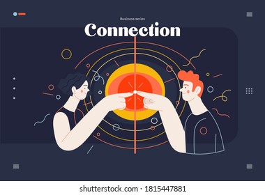 Business topics - connections, web template, header. Flat style modern outlined vector concept illustration. A young man and woman touching fingers, waves from the point. Business metaphor.