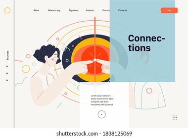 Business topics - connections, web template, header. Flat style modern outlined vector concept illustration. A young man and woman touching fingers, waves from the point. Business metaphor.