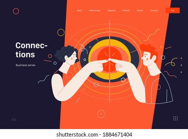 Business topics - connections, web template, header. Flat style modern outlined vector concept illustration. A young man and woman touching fingers, waves from the point. Business metaphor.