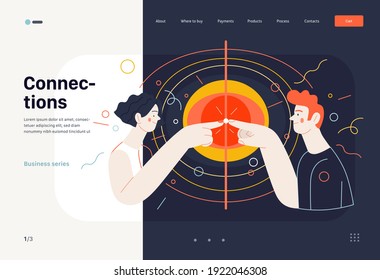 Business topics - connections, web template, header. Flat style modern outlined vector concept illustration. A young man and woman touching fingers, waves from the point. Business metaphor.