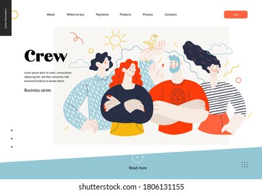 Business topics - crew, our team - web template, header. Flat style modern outlined vector concept illustration. Group of people, crew, standing together. Business metaphor.