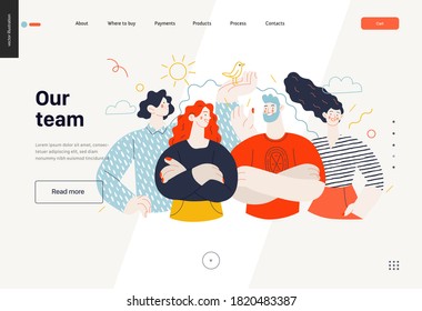 Business topics - crew, our team - web template, header. Flat style modern outlined vector concept illustration. Group of people, creaw, standing together. Business metaphor.