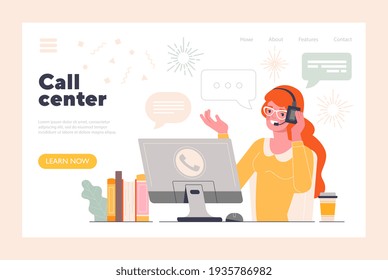 Temas de negocios, concepto de servicio al cliente. Llamadas de cliente, plantilla web. Mujer de cabello rojo hablando con el cliente por teléfono en la oficina. Metáfora comercial. Ilustración vectorial de dibujos animados planos modernos